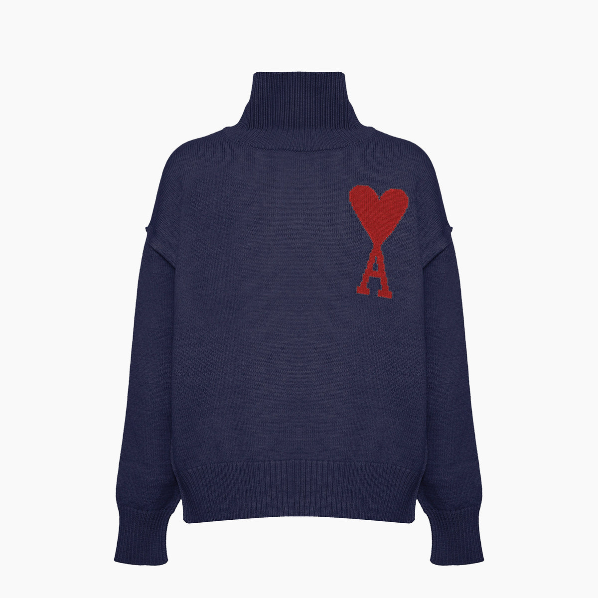 Ami Paris Pull Col Roulé Ami de Coeur Rouge Bleu Marine
