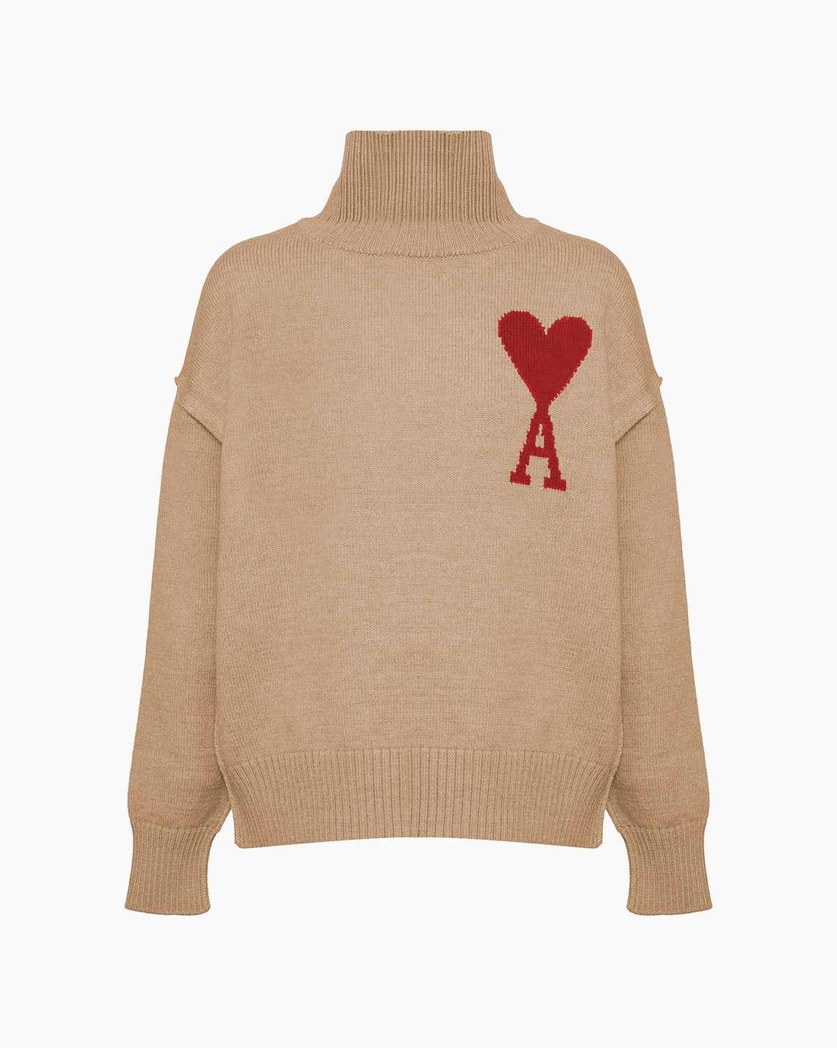 Ami Paris Pull Col Roulé Ami de Coeur Rouge Beige