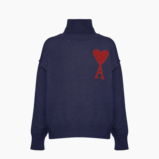 Ami Paris Pull Col Roulé Ami de Coeur Rouge Bleu Marine