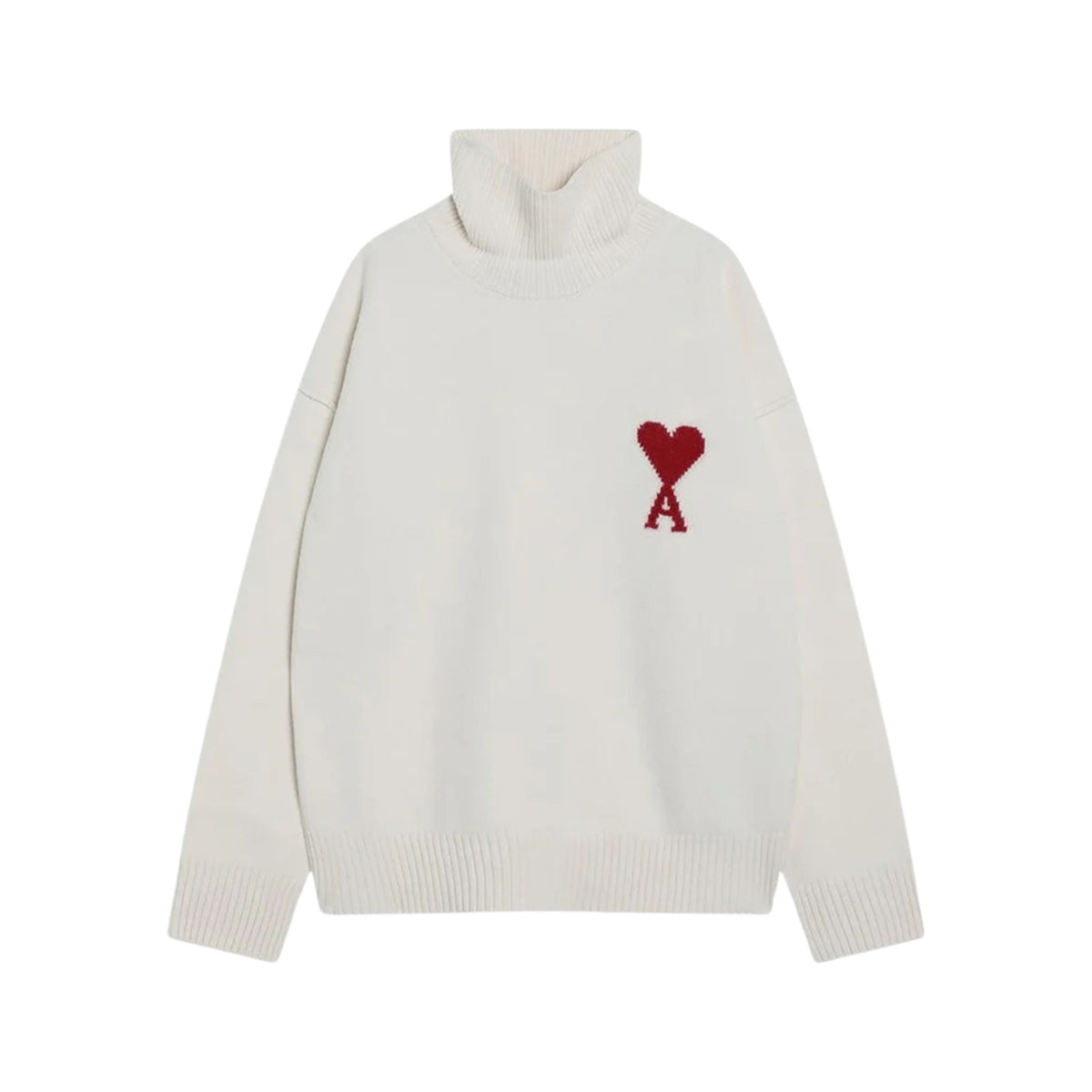 Ami Paris Pull Crewneck col roulé Blanc Ami de Coeur Rouge