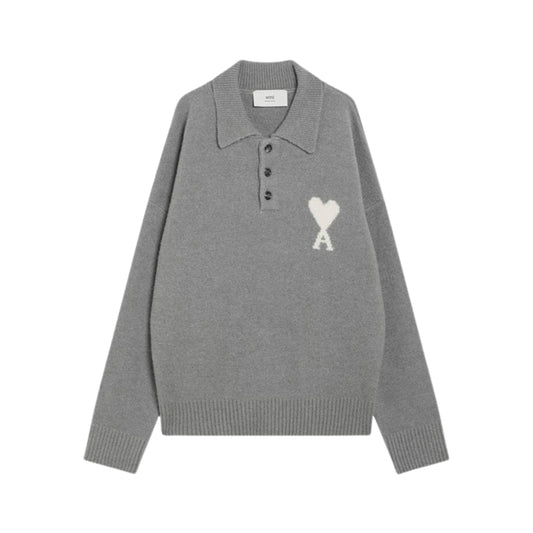 Ami Paris Pull Polo Gris Ami de Coeur Blanc
