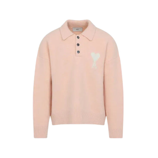 Ami Paris Pull Polo Rose Ami de Coeur Blanc