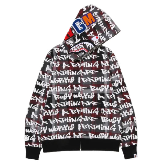 A Bathing Ape Bape Graffiti Check Shark Full Zip Hoodie Black 2022
